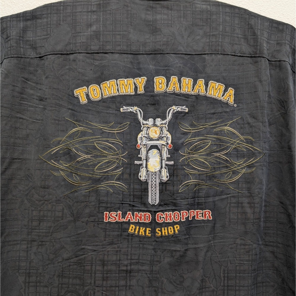 Tommy Bahama Silk Button Shirt Mens‎ 2X Black  Bike Island Chopper Embroidered